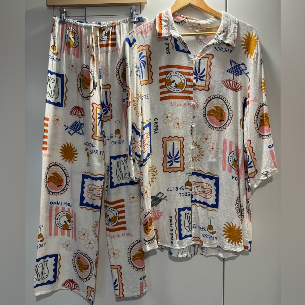 Label Of Love Anthropologie novelty Linen Blend Printed Two-Piece Lounge Set M/L